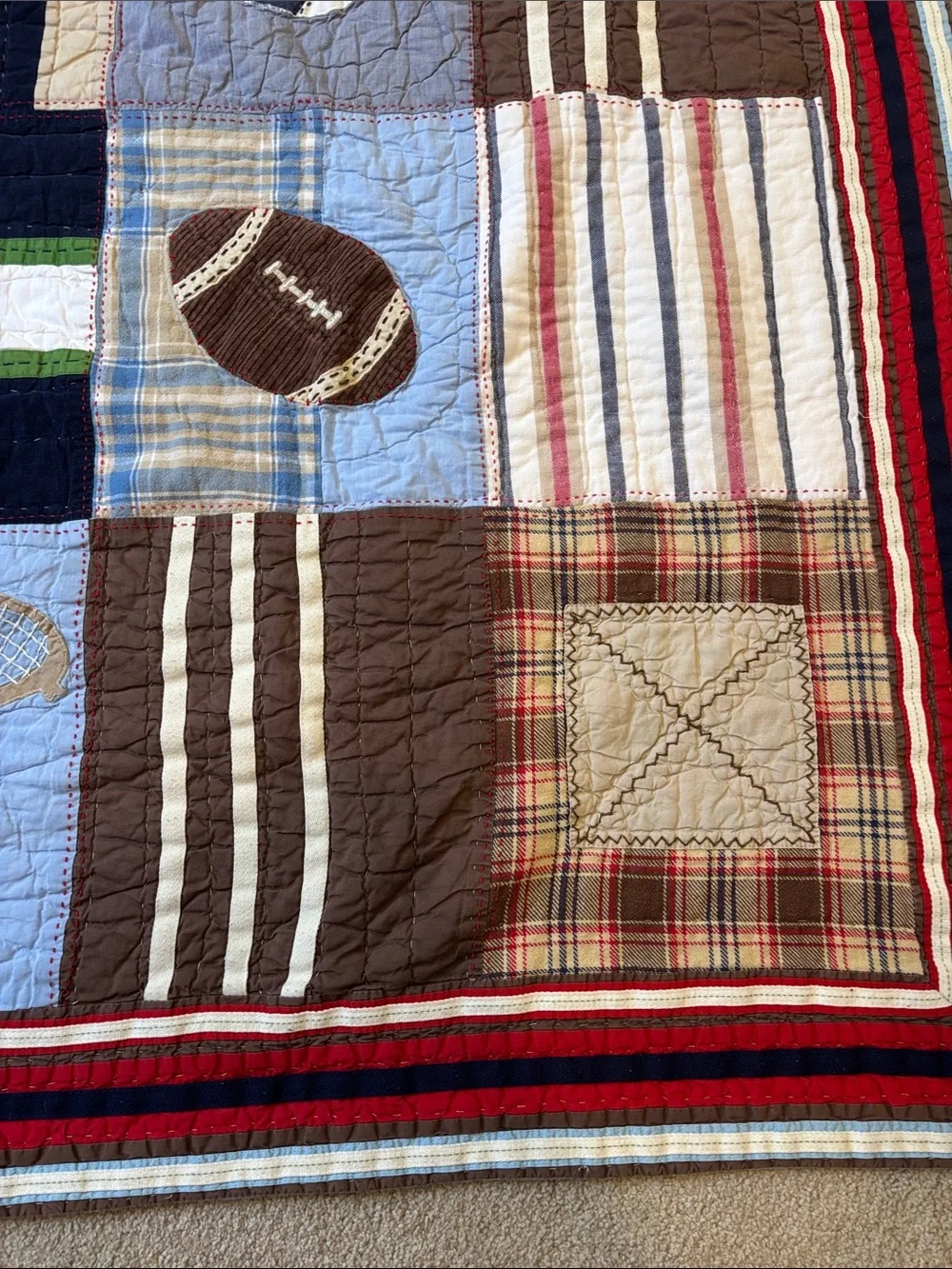 Pottery Barn Teen Sports Patchwork Quilt - Navy, Brown, Green, Red, Blue, Tan